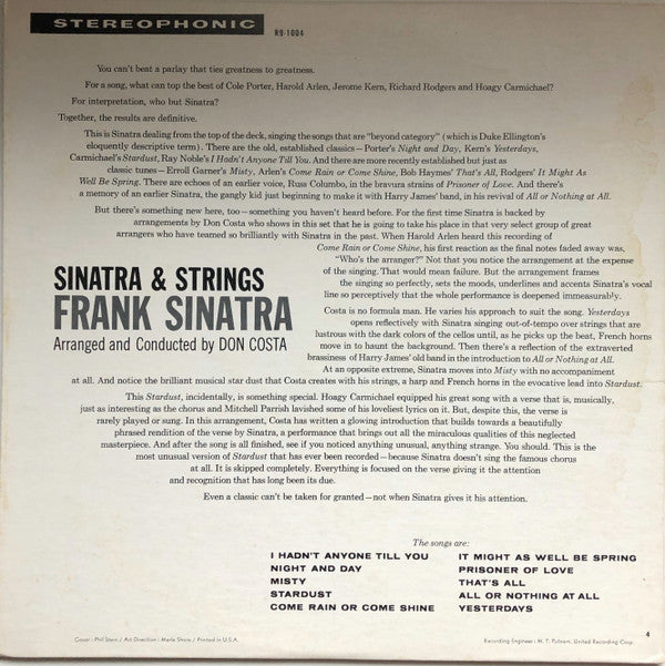 Frank Sinatra : Sinatra & Strings (LP, RE, Jac)