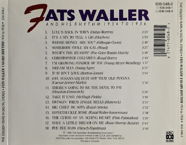Fats Waller And His Rhythm* : 1934 To 1936 (CD, Comp, RM)