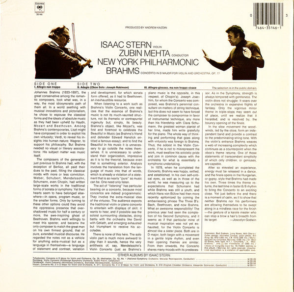 Stern*, Mehta*, New York Philharmonic* - Brahms* : Violin Concerto (LP, Album, Ter)