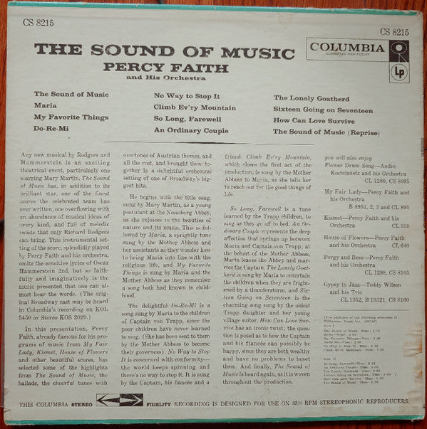 Percy Faith & His Orchestra : Music From Rodgers & Hammerstein's The Sound Of Music (LP, Album)