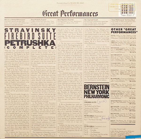 Stravinsky* / Bernstein* / New York Philharmonic* : Firebird Suite / Petrushka (Complete) (LP, Album, RE)