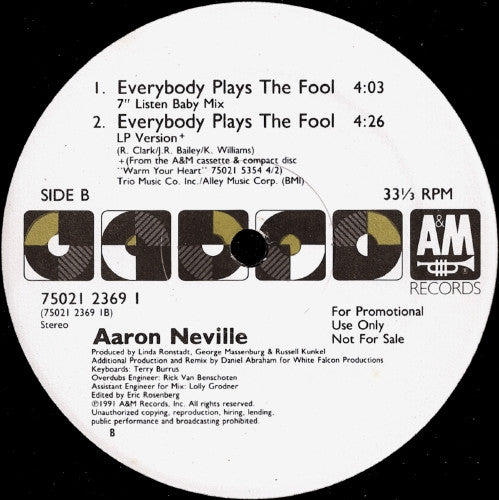 Aaron Neville : Everybody Plays The Fool (12", Promo)