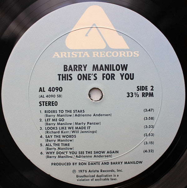 Barry Manilow : This One's For You (LP, Album, Wad)